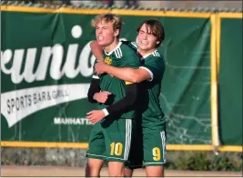  ?? PHOTO BY ROBERT CASILLAS ?? Marco Bottene, left, and Jack Johnstone, shown celebratin­g a recent goal, helped lead Mira Costa to the No. 4seed in the CIF-SS Open Division playoffs, which start Wednesday.