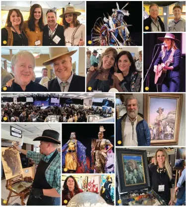  ??  ?? 1. Troy Collins with his family, Gina Collins, left, Mika Collins and Taylor Wilson. 2. Native American dancers open The Russell. 3. Dealers Thomas Nygard, left, and Curtis Tierney. 4.Thomas Minkler, left, with painter William Matthews. 5. Painters Elizabeth Robbins, left, and Michele Usibelli. 6. Live music at the annual event.
7. Crowds at the sale. 8. Tom Gilleon stands next to a piece by Guy Deel. Gilleon served as the model for the work decades earlier. 9. Chad Poppleton at the
Art in Action event. 10. Native American performers open the show. 11. Artist Maur Allen with one of her works. 12. Jennifer Johnson shows off her finished quickdraw piece.