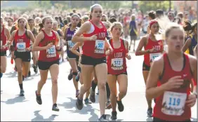  ?? DAVID WITTE/NEW-SENTINEL ?? Above: Lodi's Brooke Aberle (567) leads a small group of Lodi runners near the start of the varsity girls race at the Lodi Invitation­al at Lodi Lake Park on Friday. Below: Tokay's Homero DeLaCruz sprints the final few meters of the varsity boys race.