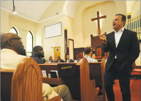  ?? Brian A. Pounds / Hearst Connecticu­t Media ?? Bridgeport mayor and candidate for governor Joe Ganim delivers his opening statement to a forum for Democratic candidates at the Varick Memorial A.M.E. Zion Church in New Haven Sunday.