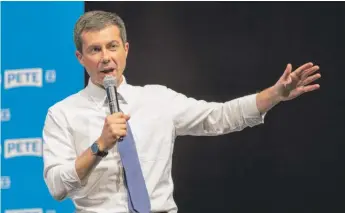  ?? ASHLEE REZIN GARCIA/SUN-TIMES ?? Democratic presidenti­al candidate Pete Buttigieg on Tuesday at the Harold Washington Cultural Center touted his “Douglass Plan,” which he said would work to end “systemic racism.”