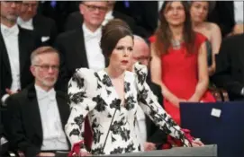  ?? FREDRIK SANDBERG — TT NEWS AGENCY VIA AP ?? Photos and text from wire services In this file photo, Professor Sara Danius makes a speech during the Nobel award ceremony at the Concert house in Stockholm.