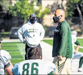  ?? Brandon Randall / CSU Athletics ?? Colorado State head coach Steve Addazio hovers across the sidelines during the Rams' first preseason practice in pads on Sept. 29.