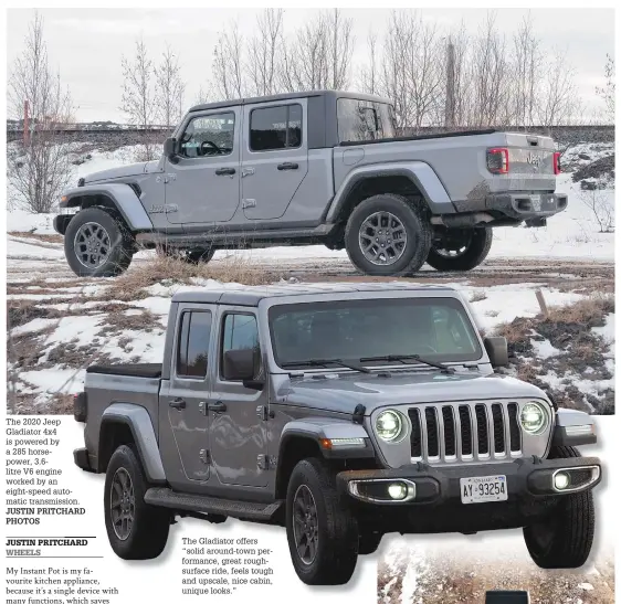  ?? JUSTIN PRITCHARD PHOTOS ?? The 2020 Jeep Gladiator 4x4 is powered by a 285 horsepower, 3.6litre V6 engine worked by an eight-speed automatic transmissi­on.
The Gladiator offers “solid around-town performanc­e, great roughsurfa­ce ride, feels tough and upscale, nice cabin, unique looks.”