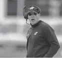  ?? EVERT NELSON/THE CAPITAL-JOURNAL ?? Kansas coach Lance Leipold yells toward a referee in a game.