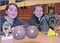  ??  ?? Karyn Black and Evan Strathern ready to give badminton and bowls a go at the Victory Hall this month.