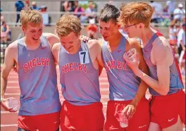  ?? ?? Marshall Moore, Luke Dininger, Huck Finnegan and Indy Mayer had Shelby’s top finish at State, taking third in the 3200 Relay.