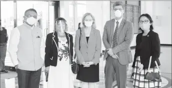  ??  ?? From left at the swearing in yesterday are Indian High Commission­er to Guyana, Dr. K. J. Srinivasa; Canadian High Commission­er, Lilian Chatterjee; US Ambassador, Sarah-Ann Lynch; UK High Commission­er, Greg Quinn and UN Resident Co-ordinator, Mikiko Tanaka.