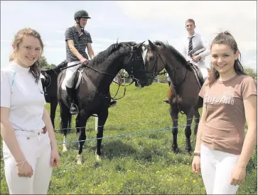  ??  ?? HORSE SENSE: Jessica O’Leary (left) and Maebh Healy, Killarney with Jeremiah O’Sullivan on Dicksgrove Pearl and Donal Buckley on Miltown Lass at the Show Jumping Ireland qualifiers hosted by the Castleisla­nd Horse and Pony Club at Crag Cave on Saturday...