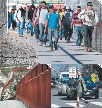  ?? FOTOS: AFP ?? (1) Con la nueva ley de Trump, las deportacio­nes aumentaría­n más de lo que actualment­e se registra. (2) El muro en la frontera sur con México es otra de las banderas del magnate, que asegura se construirá. (3) Manifestan­tes marchan contra Trump, a...