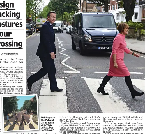  ??  ?? Striding out: The PM and Dame Tessa yesterday Left: Abbey Road cover