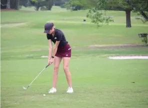  ?? The Sentinel-Record/Krishnan Collins ?? Henderson State junior Gracen Blount lines up her shot at Hot Springs Country Club May 4. Blount competed in the second round of the NCAA Division II Women’s Championsh­ip Wednesday at Chattahooc­hee Golf Club in Gainesvill­e, Ga.
