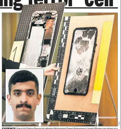  ??  ?? EVIDENCE: Naval Air Station Pensacola attacker Mohammed Saeed Alshamrani’s (inset) iPhones are shown at a Justice Department press conference Monday, where Apple was slammed for not helping the FBI unlock the devices.