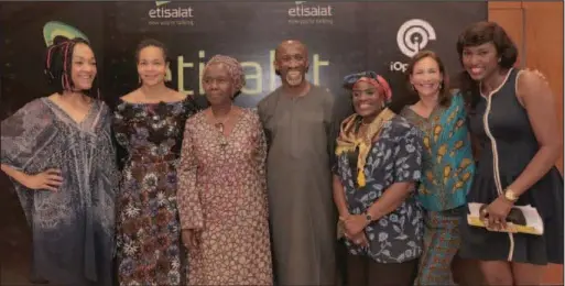  ??  ?? Elvina Ibru, Cast Member, Hear Word; Ifeoma Fafunwa, Director, Hear Word; Myma Belo-Osagie; Hakeem Belo-Osagie, Chairman, Etisalat Nigeria; Taiwo Ajai-Lycett, actress and cast member, Hear Word; Deborah Willsher, Wife of the CEO, Etisalat Nigeria and...