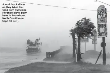  ?? (AP). ?? A work truck drives on Hwy 24 as the wind from Hurricane Florence blows palm trees in Swansboro, North Carolina on Sept. 13.