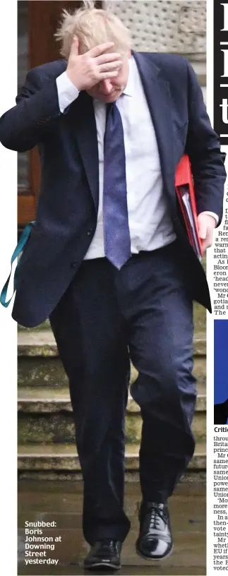  ??  ?? Snubbed: Boris Johnson at Downing Street yesterday