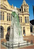  ??  ?? CAST DOWN: Recently defaced statues, from the left, Queen Victoria in Port Elizabeth and Paul Kruger in Pretoria’s Church Square. Cape Town’s Jan van Riebeeck, right, also came in for stick when a placard was hung around its neck, reading, ‘I stole your land. So what?’