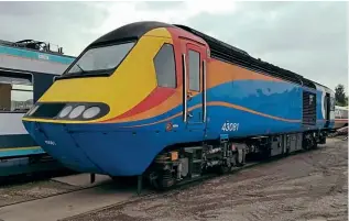  ?? BRIAN PORTER ?? Class 43 HST power car No. 43081 in East Midlands Trains livery on the day of its arrival at the Crewe Heritage Centre, September 13. This marked 45 years to the day in 1976, when British Rail officially introduced the first High Speed Trains into service.