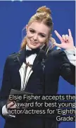  ??  ?? Elsie Fisher accepts the award for best young actor/actress for ‘Eighth Grade’.