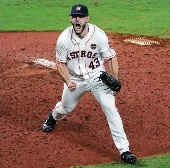  ?? Steve Gonzales / Houston Chronicle ?? Never shy about showing his emotions, Lance McCullers Jr. was fired up after striking out Yankees slugger Aaron Judge in the eighth inning of ALCS Game 7.