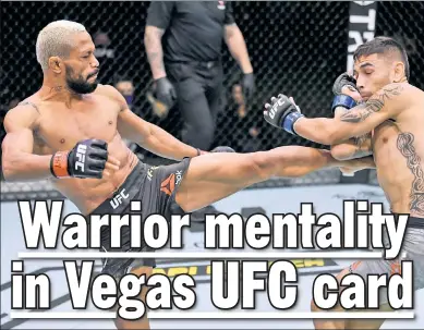  ?? Getty Images ?? BEST FOOT FORWARD: Flyweight champion Deiveson Figueiredo, kicking Alex Perez on Nov. 21, faces Brandon Moreno on Saturday. Moreno is considered to be Figueiredo’s only threat in this weight class.