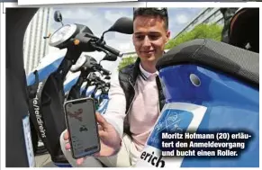  ?? ?? Moritz Hofmann (20) erläutert den Anmeldevor­gang und bucht einen Roller.