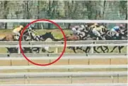  ??  ?? Alan Cowie (circled) crashes to the ground on Magic Millions day 2002; is flown to hospital by rescue helicopter; and playing golf as part of his rehabilita­tion.