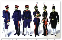  ??  ?? Sergeant Major, Captain and Private of the Japanese Imperial Guard’s Infantry; Colonel, Second Lieutenant and Private of the Japanese Line Infantry (from left to right)