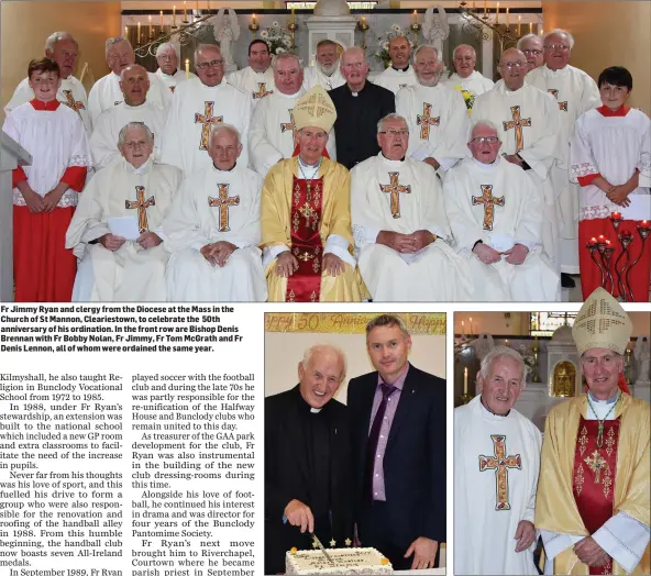  ??  ?? Fr Jimmy Ryan and clergy from the Diocese at the Mass in the Church of St Mannon, Cleariesto­wn, to celebrate the 50th anniversar­y of his ordination. In the front row are Bishop Denis Brennan with Fr Bobby Nolan, Fr Jimmy, Fr Tom McGrath and Fr Denis...