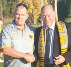  ??  ?? Warranor Junior Football Club president Graeme Carter welcomes the $50,000 funding announceme­nt by Member for McMillan Russell Broadbent.