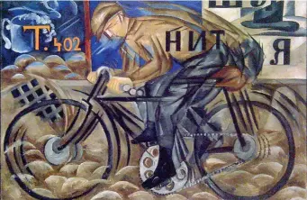  ??  ?? «Il ciclista», olio su tela (1913) dell’artista russa Natalia Goncharova (1881-1962)