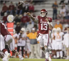  ??  ?? Arkansas senior quarterbac­k Feleipe Franks has accepted an invitation to the Senior Bowl in Mobile, Ala. Razorbacks Coach Sam Pittman said Franks should benefit from being around NFL personnel at the game, which will be played next month. (NWA Democrat-Gazette/Charlie Kaijo