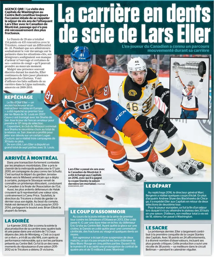  ?? D’ARCHIVES, AFP PHOTOS ?? Lars Eller a passé six ans avec le Canadien de Montréal. Il a été échangé aux Capitals en 2016, avec qui il a gagné la coupe Stanley la saison dernière (en mortaise).