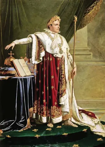  ??  ?? Das im Original körpergroß­e Porträt aus der Werkstatt von Anne-Louis Girodet entstand 1812 und zeigt Napoleon im Ornat der Kaiserkrön­ung von 1804. Seine rechte Hand hält er über ein Exemplar des Code Napoléon.