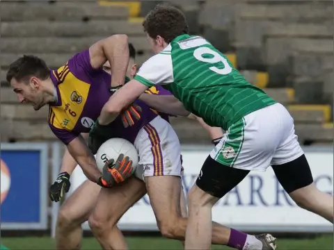  ??  ?? Wexford captain Brian Malone in action against London in Chadwicks Wexford Park on February 23 - the day when he made the all-time appearance record for the county Senior footballer­s by lining for the 165th time since his debut in 2006. Game number 166 followed versus Sligo.