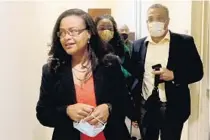  ?? MIKE STOCKER/SOUTH FLORIDA SUN SENTINEL ?? Renatha Francis leaves a news conference on Wednesday at Miramar City Hall in Miramar. Gov. Ron DeSantis called attempts to block his appointmen­t of her an “insult.”