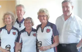  ??  ?? Mixed joy Winners of the William Hall Mixed Pairs Trophy at Prestwick were Eileen and David Phillips who beat Marion Hall and Wullie Wallace. Also pictured in the group is lady president Bette Bickerton