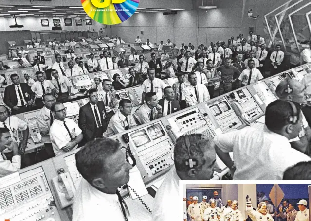  ?? [NASA PHOTOS] ?? Inside the Launch Control Center, personnel watch as the Saturn V rocket carrying the Apollo 11 astronauts lifts off the launch pad on July 16, 1969.