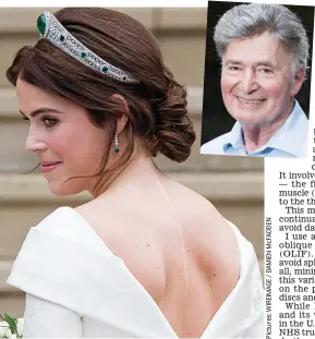  ??  ?? Baring her scar: Princess Eugenie on her wedding day last week. Inset: Roger Neuberg