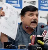  ?? — PTI ?? AAP leader Sanjay Singh addresses the press conference at the party office in New Delhi on Sunday.