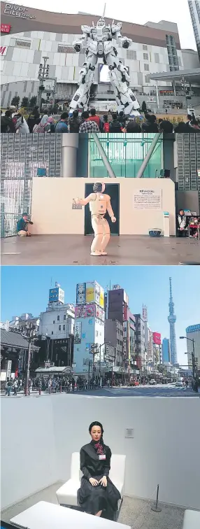  ??  ?? El acceso a la plaza Diver City Tokyo es resguardad­o por el imponente Gundam, de la serie japonesa. Asimo es el robot de la marca Honda y puede interactua­r con las personas y hasta jugar al fútbol. La ciudad de Tokio es el principal destino de quienes...