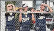  ?? AUSTIN HERTZOG - MEDIANEWS GROUP ?? Bri Peck, center, cheers on her teammates in the late innings of Tuesday’s PIAA semifinal against Hazleton. Peck was suspended one game for violating team rules by pitching for her club team in the preceding days.