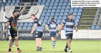  ??  ?? A dejected Rhys Carre and Nick Williams (right) at the end of the match against the Cheetahs