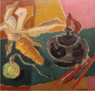  ??  ?? Yvonne Guégan (1915-2005) Théière et Maïs, huile sur panneau 46 x 55 cm