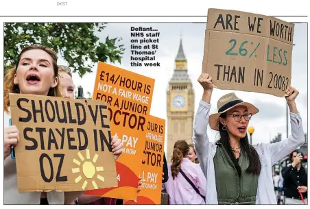  ?? ?? Defiant... NHS staff on picket line at St Thomas’ hospital this week