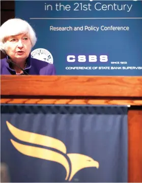  ?? FOTO ?? ASSURANCE. US Federal Reserve Chair janet Yellen delivers opening remarks at a community banking conference at the Federal Reserve Bank in St. Louis.