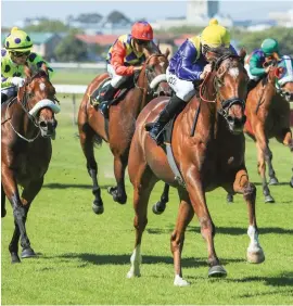  ?? Picture: Wayne Marks ?? DODDLE: Rainbow Bridge and jockey Bernard Fayd’Herbe win the Cape Mile at Kenilworth yesterday. Long-time leader Silver Maple, left, hung on for second place, while Eyes Wide Open, between them, was fifth.