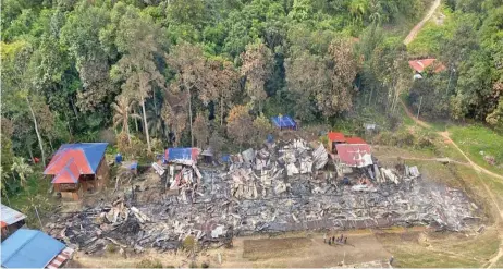  ??  ?? An aerial view shows what is left of the 23-door Penan longhouse in Long Balau, which was struck by fire early yesterday.