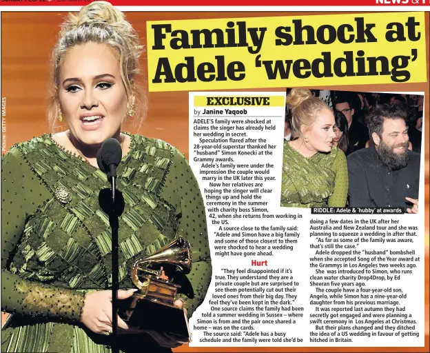  ??  ?? RIDDLE: Adele & ‘hubby’ at awards