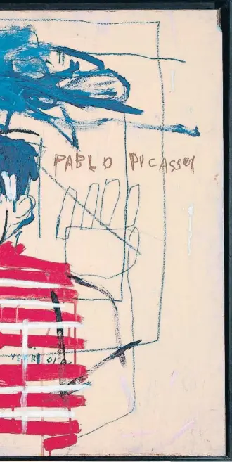  ??  ?? UNTITLED (PABLO PICASSO), 1984. En 1981 Basquiat dio un giro a su producción, de los grafitis a pinturas con ambición de artista consagrado, entre las que se incluyen retratos de personas a las que admiraba, como el pintor malagueño, a quien muestra...